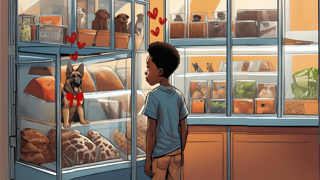 Boy falls in love with puppy in the window of a pet store. The puppy is symbolic of people's hopes and dreams.