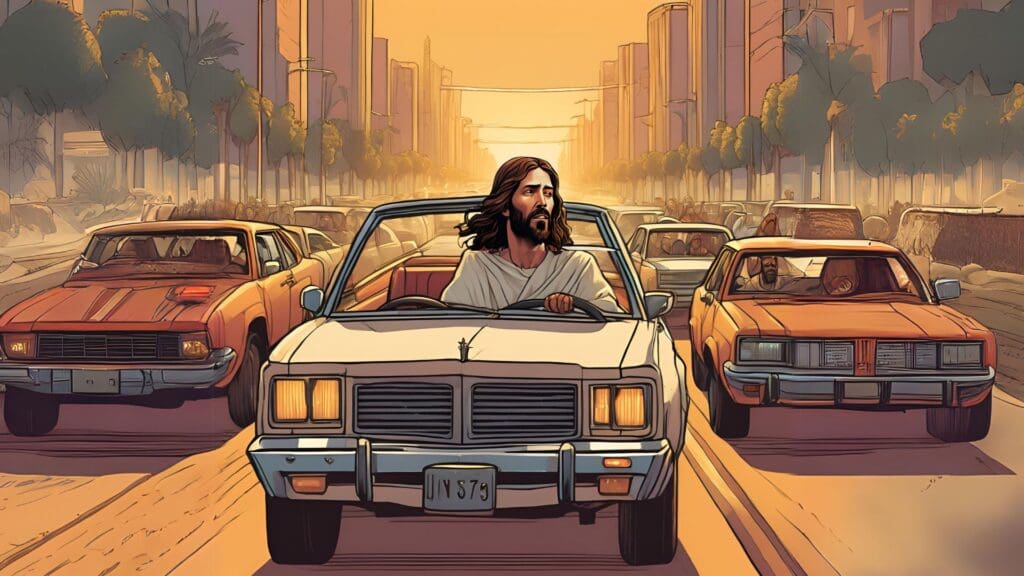 Jesus is driving a car through traffic, turning his cheek as someone cuts him off in traffic.