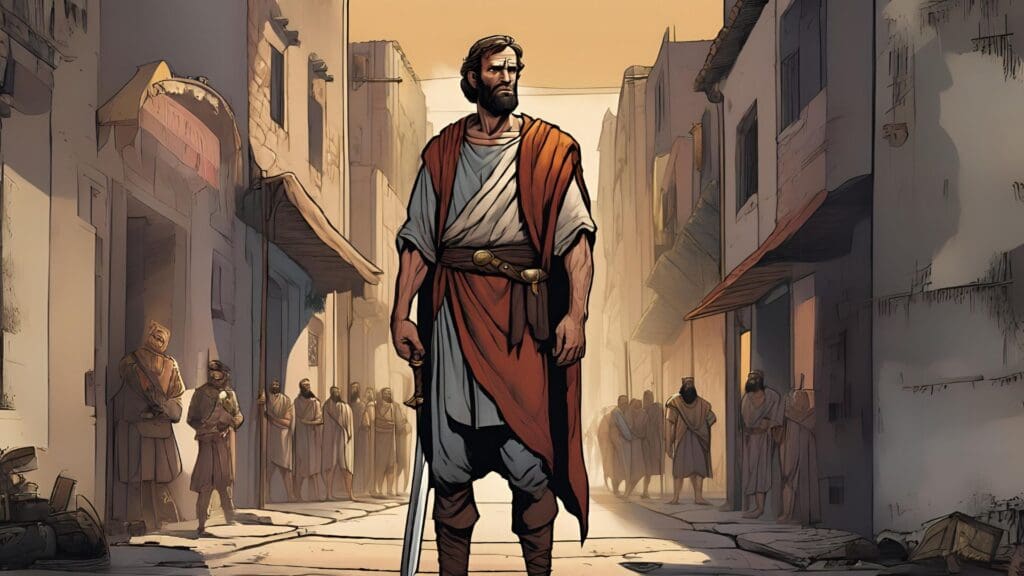 Saul stands confidently in the street, perfectly poised for the role as King.