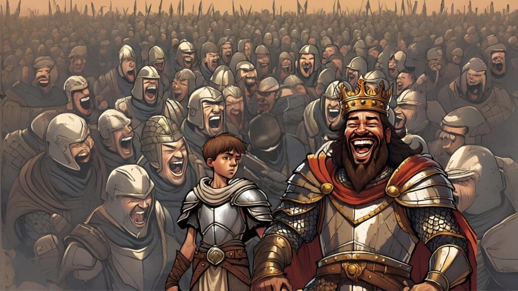 David is being laughed at by the other warriors and King Saul because he is so much smaller than they are.