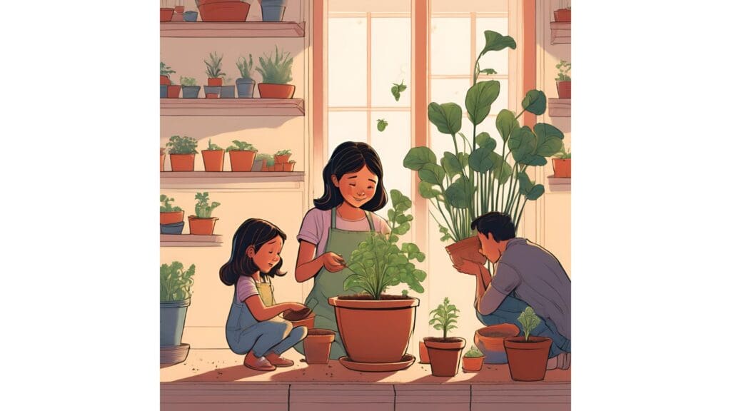 Father and mother are gardening with their daughter